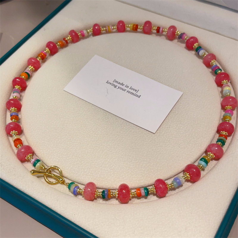 Fresh Natural Stone Rose Quartz Necklace Large and Small Beads Peace Button Crystal Necklace Delicate Collarbone Chain