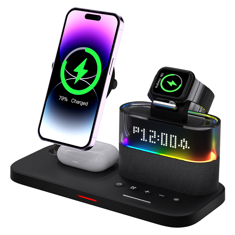 Desktop magnetic three-in-one wireless charger with colorful touch night light and alarm clock, suitable for Apple series, factory direct sales