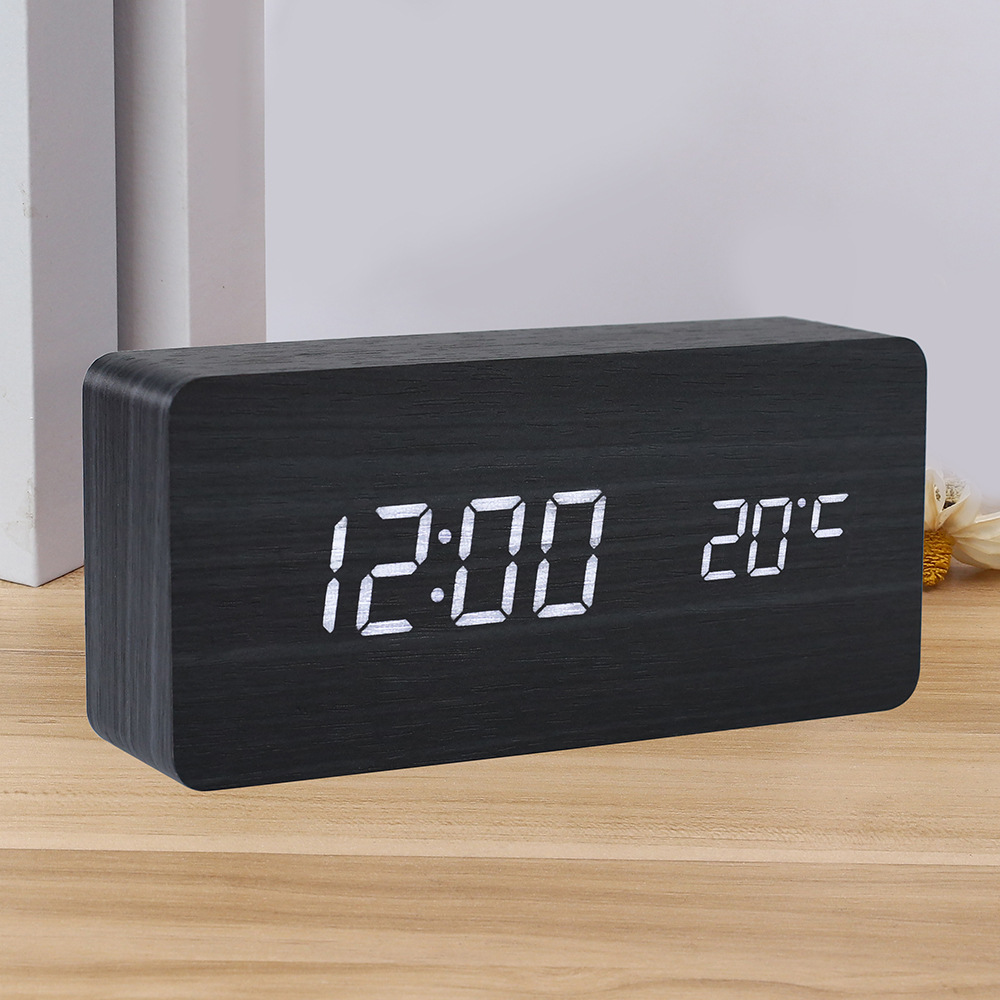LED Wooden Clock Electronic Clock Wooden Digital Clock Voice Control Thermometer Electronic Alarm Clock