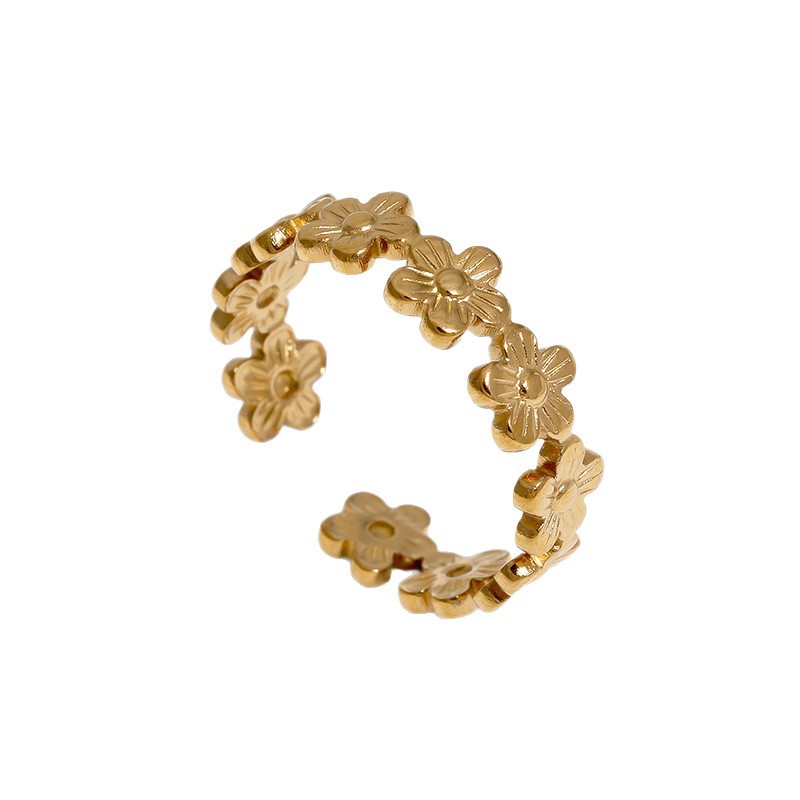 Full row daisy stainless steel open ring 18K gold-plated fresh youthful adjustable ring