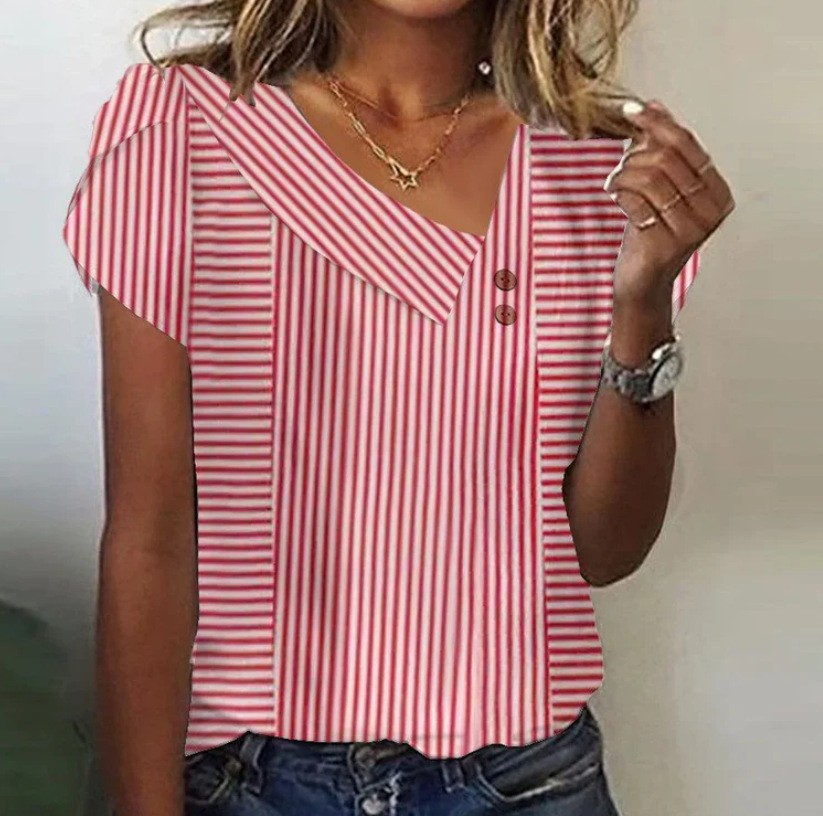 2026 New Summer V-Neck Printed Short Sleeve T-Shirt Women Loose Bubble Sleeve Casual Top