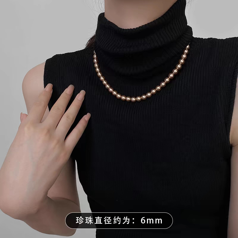 Swarovski Champagne Color Pearl Necklace for Women, Small Clavicle Chain, Sweater Chain, Neck Chain Elegant