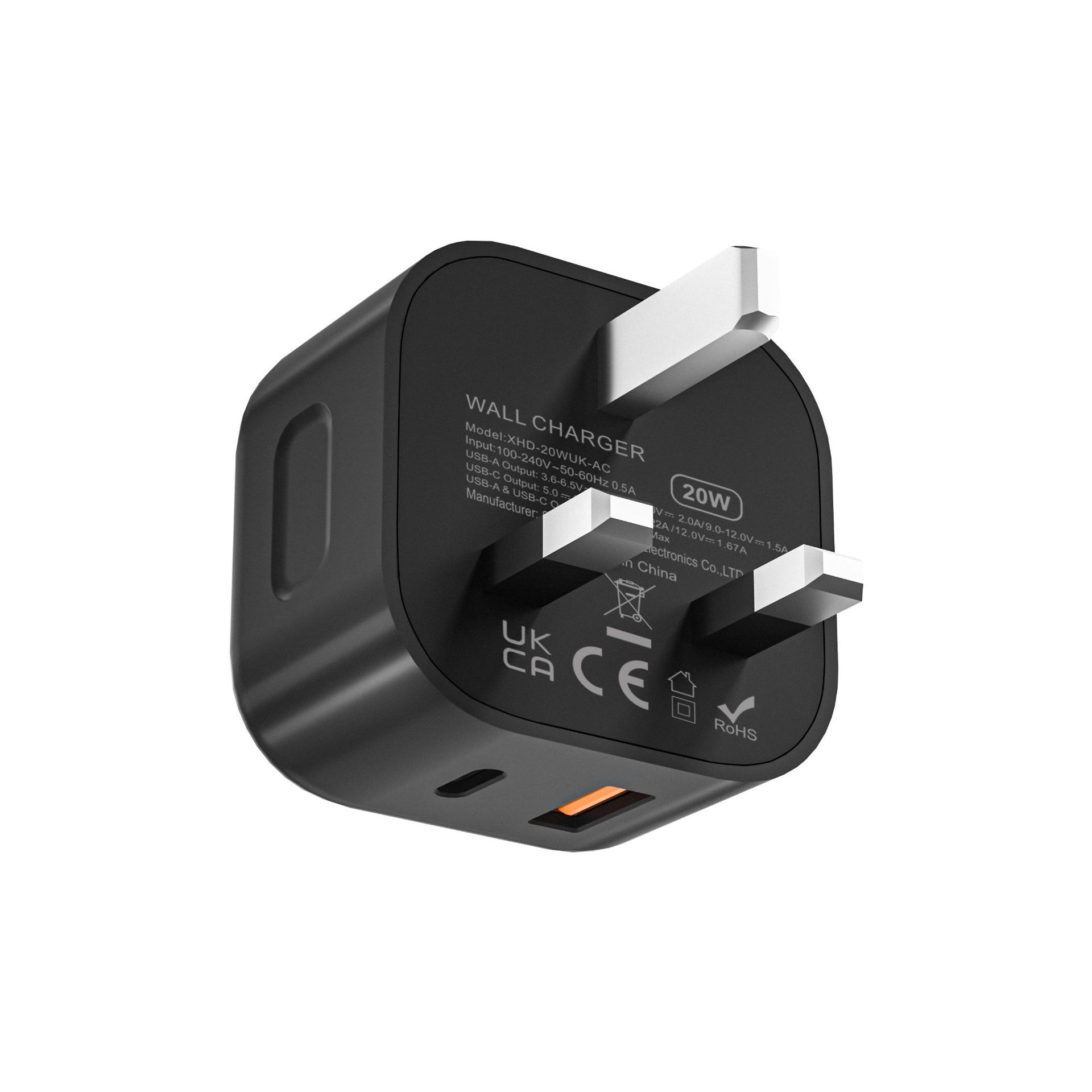 PD20W charger for Samsung Apple 15 charger UKCA certified 20W UK standard AC multi-port plug