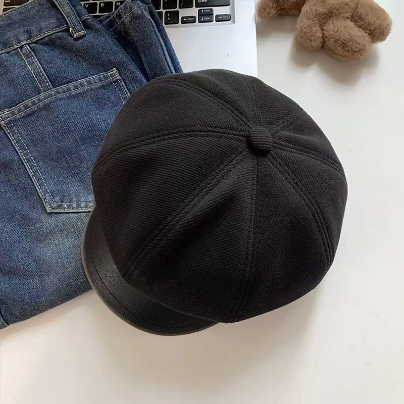 皮檐做旧八角帽-黑色