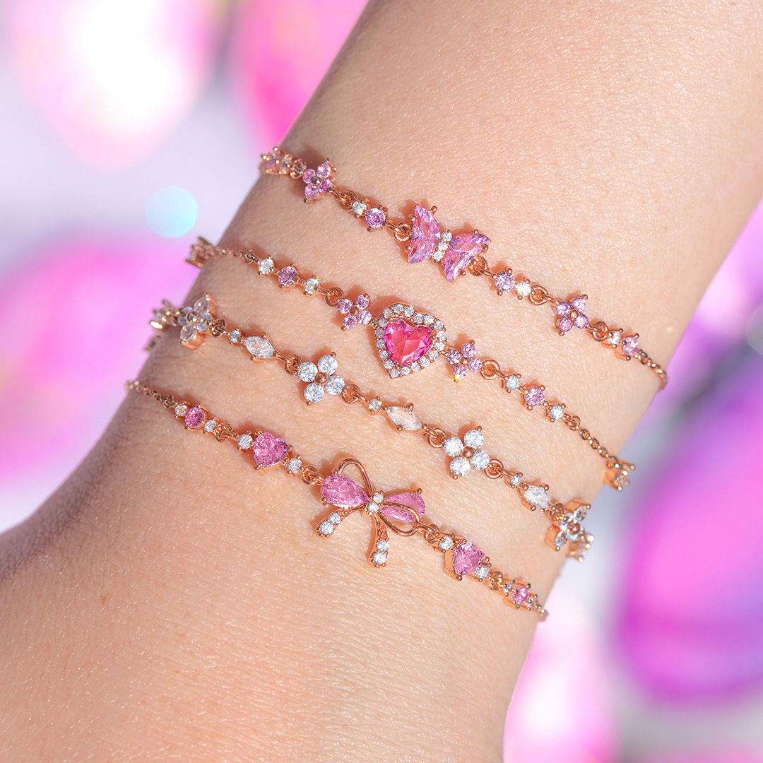 Cute and sweet bracelet with heart zircon, butterfly knot, Valentine's Day bead gift, popular item