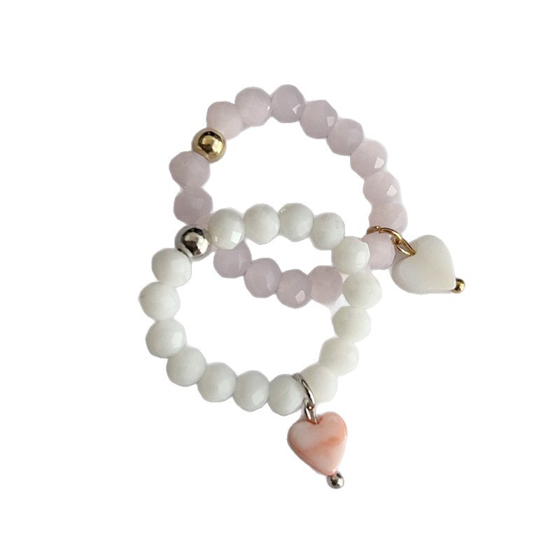 Rongshang Niche Love Heart Shell Ring Crystal Beaded Index Ring for Women Accessory