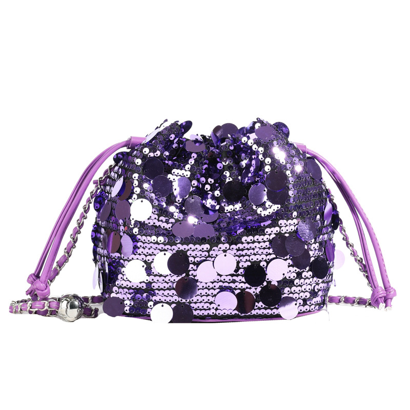 Women's Bag New Chinese Style Flower Embroidery Sequins Mesh Splicing Contrast Color Elegant Lady Drawstring Chain Bucket Bag