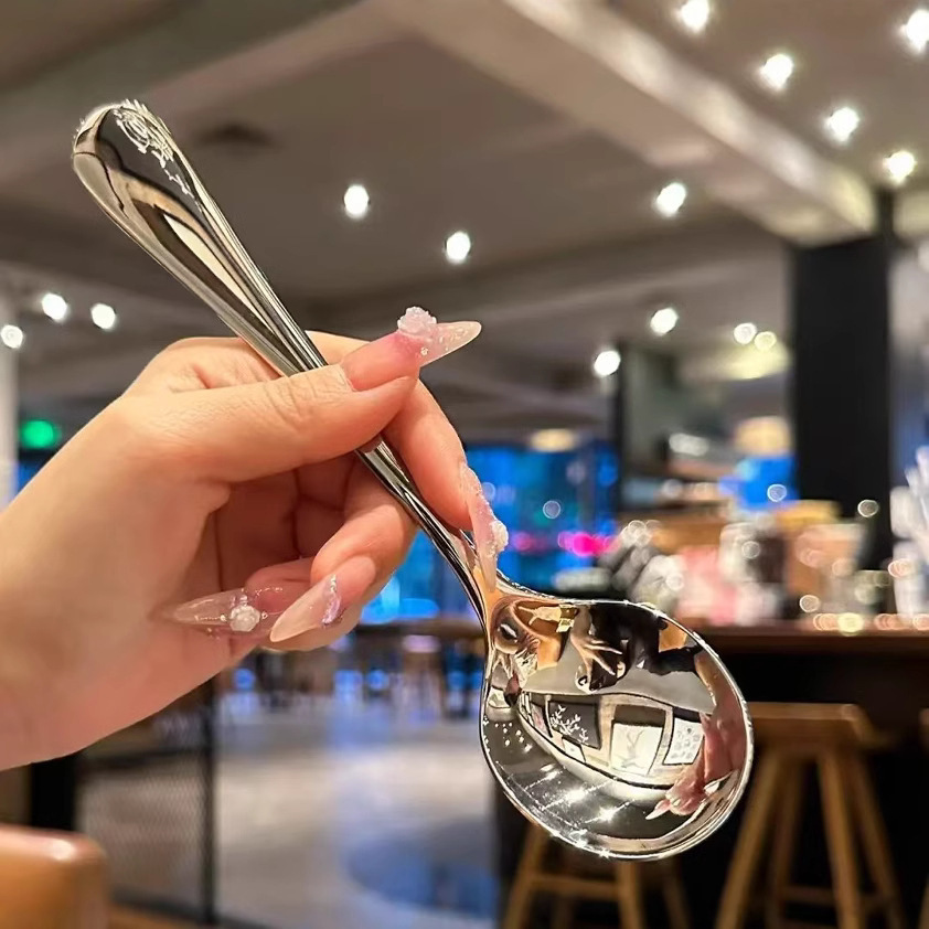 Stainless Steel Spoon Household Simple Cute Long Handle Round Spoon Eating Spoon Adult Soup Spoon