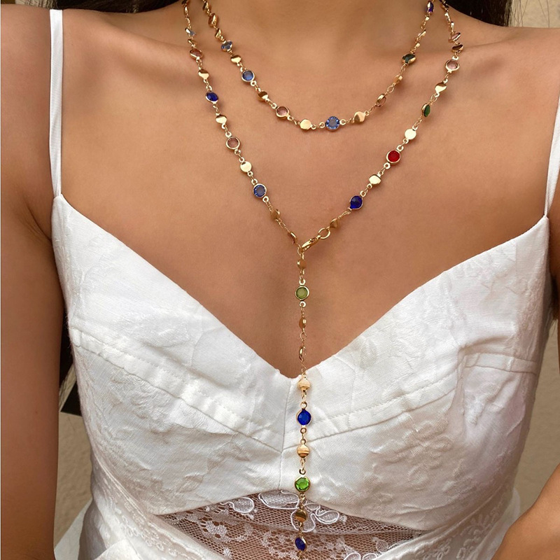 Rongshang Accessory Double-Layer Y-Shaped Colorful Crystal Necklace Women's Glass Crystal Necklace Set Wholesale