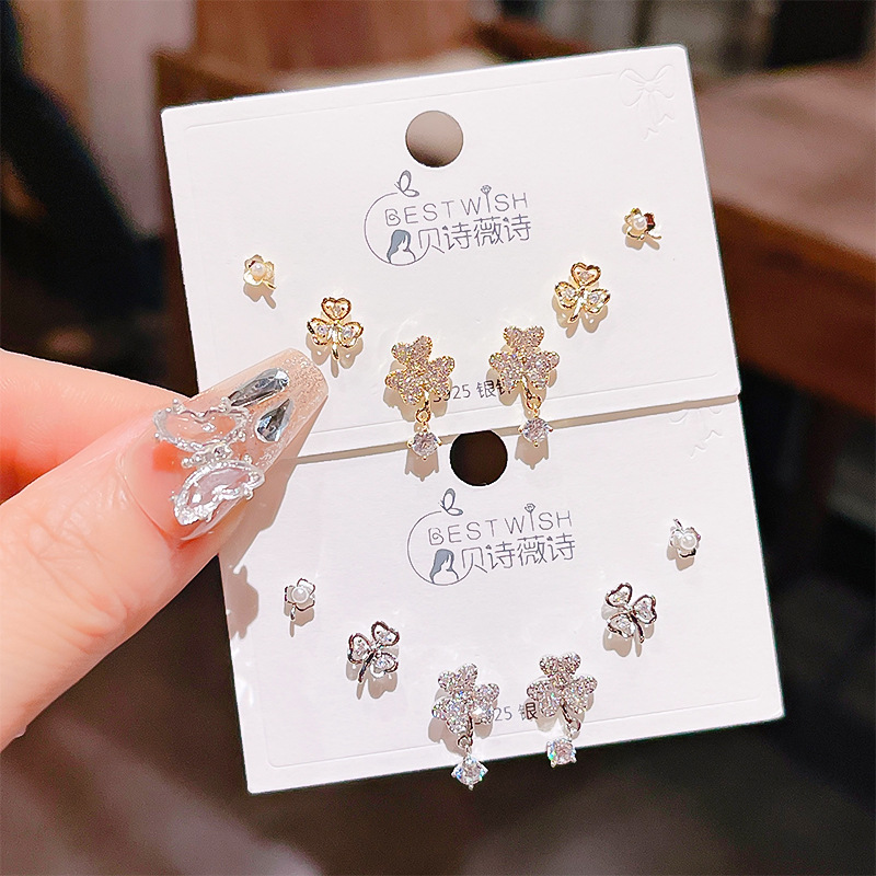 Summer new real gold electroplated exquisite three pairs of small earrings, small fresh sweet earrings