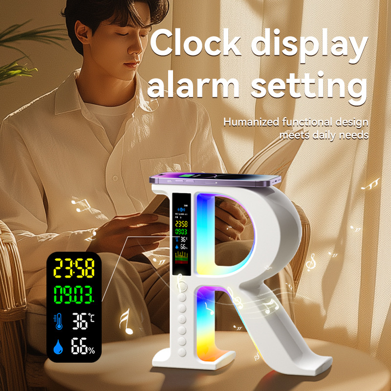 Big R wireless charging Bluetooth sound portable radio atmosphere light Bluetooth speaker decoration alarm clock multifunctional