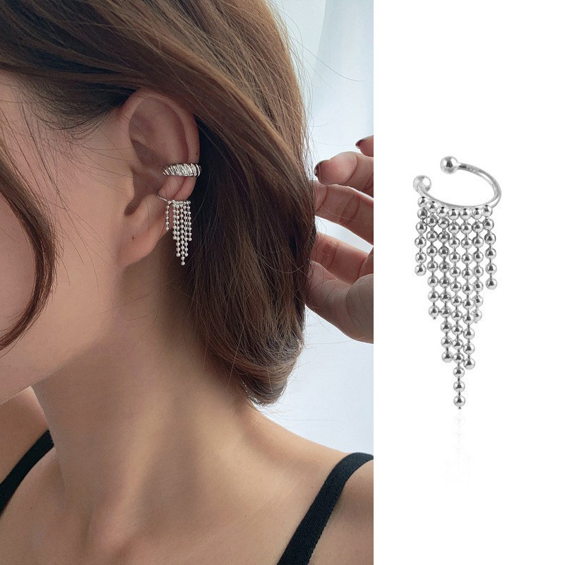 Bow Ear Clip No Piercing Chanel Style Earring Face Slimming Zircon Long Tassel Ear Cuff for Women