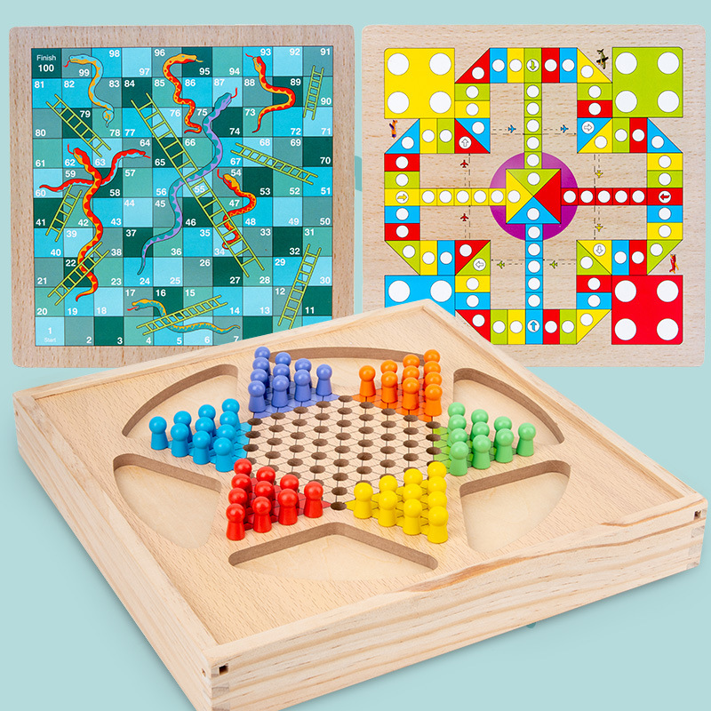 Children's Wooden Multi-functional Board Game: Flying Chess, Snake Chess, Checkers, and Carrom in One, Tabletop Puzzle Game for Students and Adults