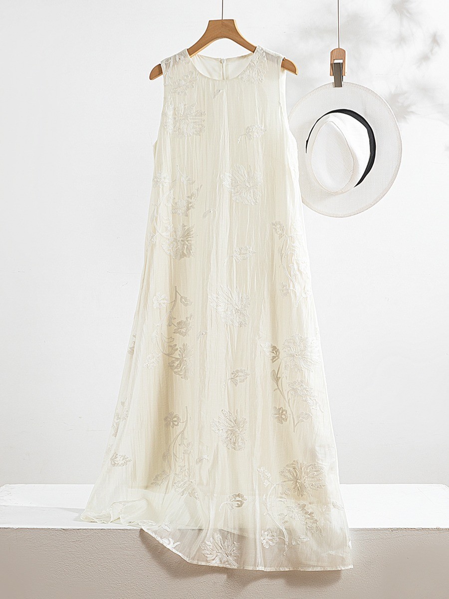 Heavy embroidery tencel white dress women summer new Chinese style long sleeveless vest dress