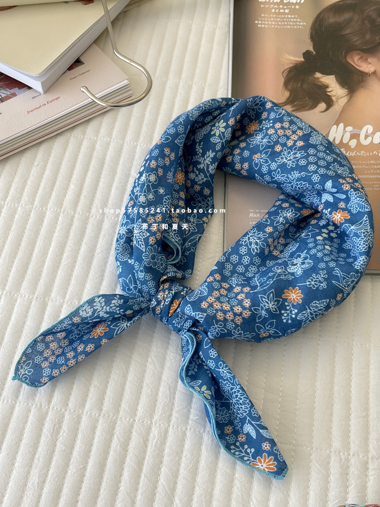 Self-retained soft square scarf with floral and polka dot cotton-linen decorative headscarf, fresh waist scarf