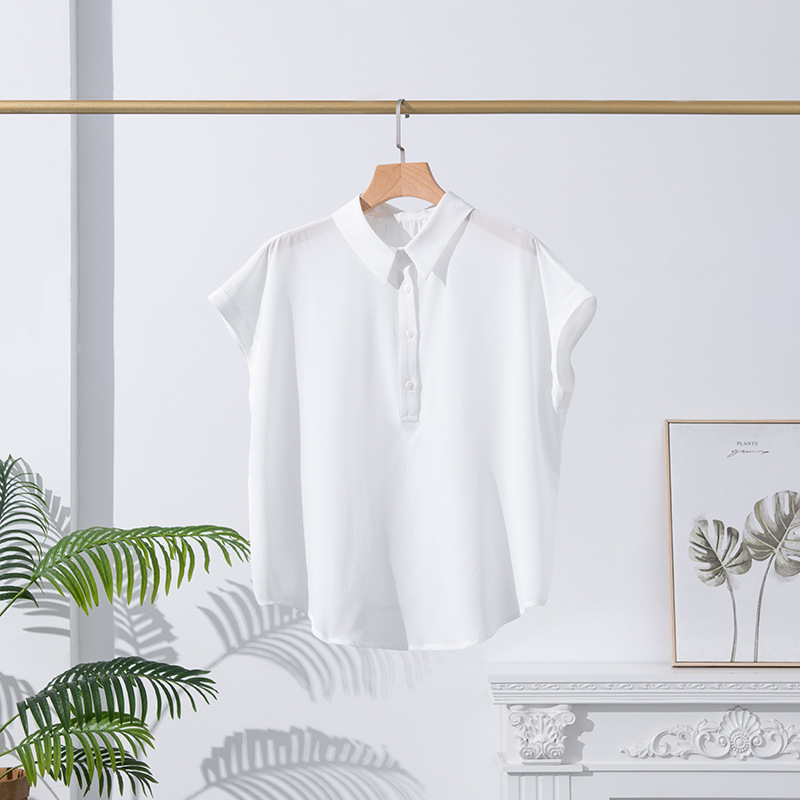 Summer Silk Short Sleeve Shirt for Women New Loose Casual Blouse Solid Color Commute Mulberry Silk Top Niche