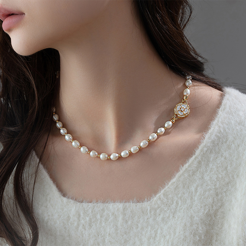 7mm long natural freshwater pearl necklace, sweater chain, small fragrance style necklace, collarbone chain