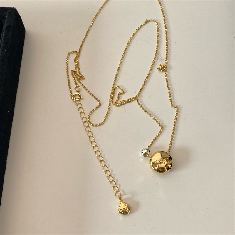 Gold and silver contrasting small bead necklace for women, copper plated 18k gold, simple casual sweater chain