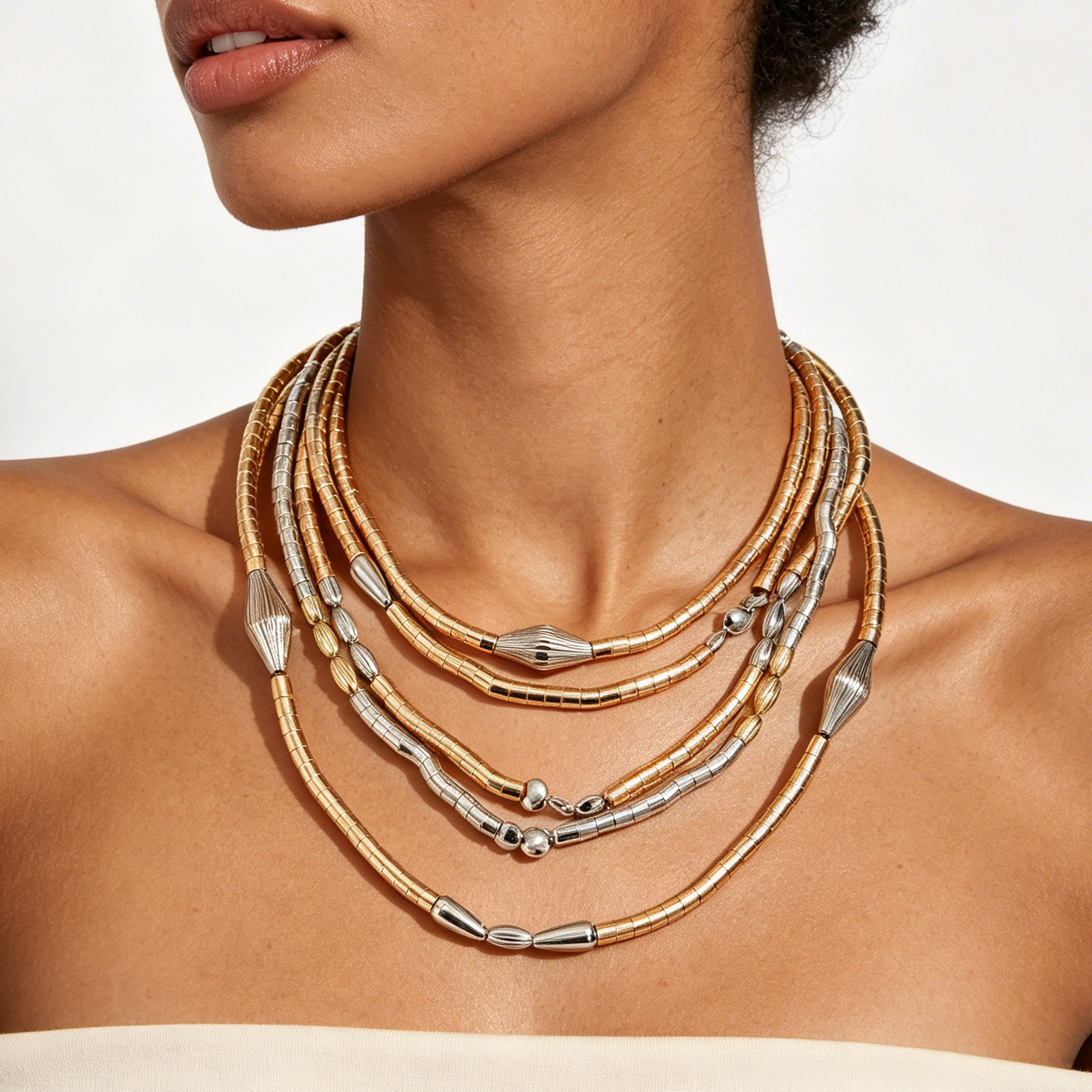 ZA exaggerated multi-layer handmade woven necklace bracelet set gold silver color stacking design 2-piece set