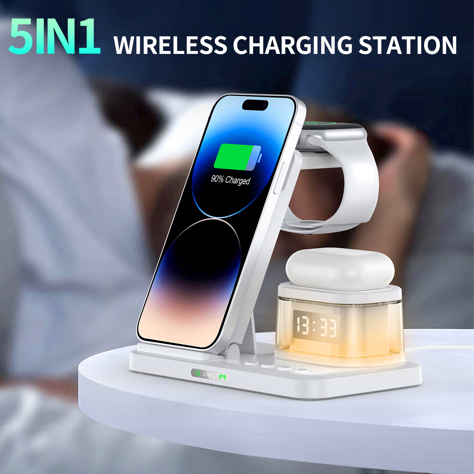 2024 5-in-1 Clock Night Light Wireless Charger for Apple Family Foldable Multifunctional Charging Stand