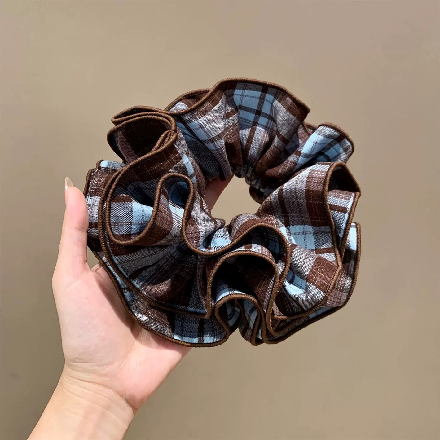 2#海盐蓝咖色拼色格纹发圈约约16cm