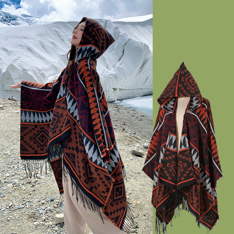 Sichuan Tibet Bohemian Photo Knit Shawl Scenic Area Hooded Scarf Cape Yunnan Cape Shawl Women