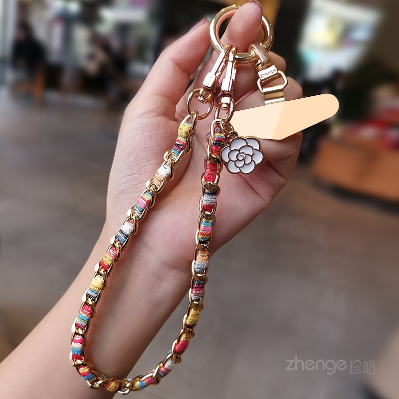 Mobile phone lanyard small fragrance camellia tag pendant phone chain wrist hanging decoration short metal chain