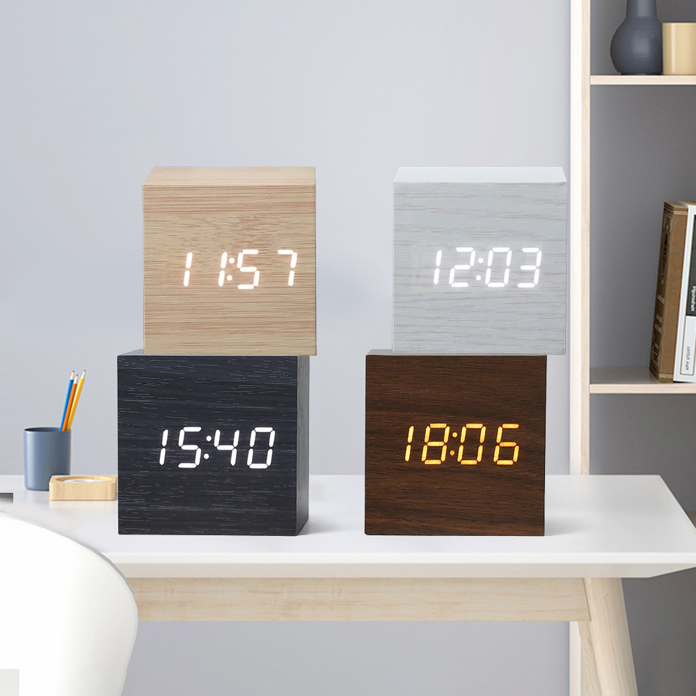 Desk Clock LED Wooden Clock Electronic Clock Mini Square Small Alarm Clock Digital Clock Thermometer Bedside Clock