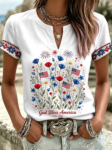 2026 New Summer American Flag Print V-Neck Short Sleeve T-Shirt Women Loose Casual Top