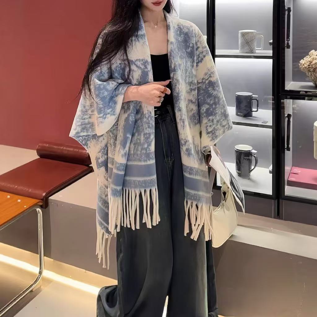 Autumn Winter New Plaid Shawl Outer Wear Tassel Shawl Cape Cape Scarf Coat Women