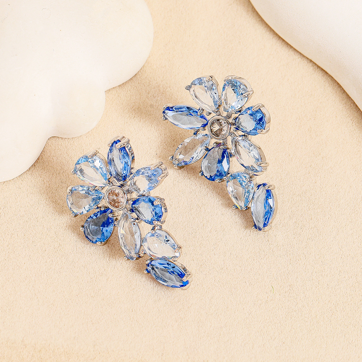 Crystal blue-white irregular floral shape earrings stud earrings for women