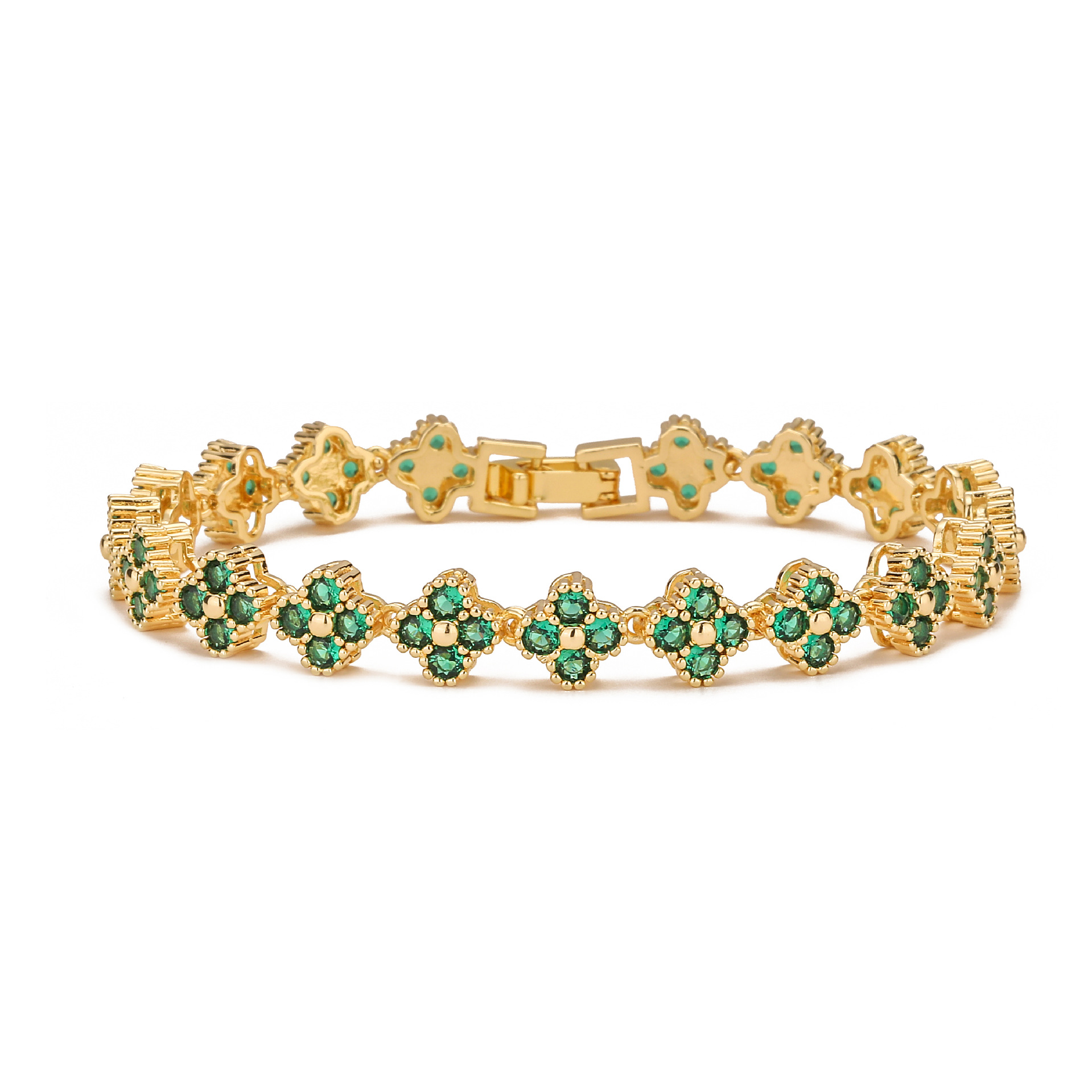 HECHENG Jewelry Copper Plated 18K Gold Inlaid Colorful Diamond Flower Bracelet, Necklace Sweet Four-Leaf Clover Jewelry Set