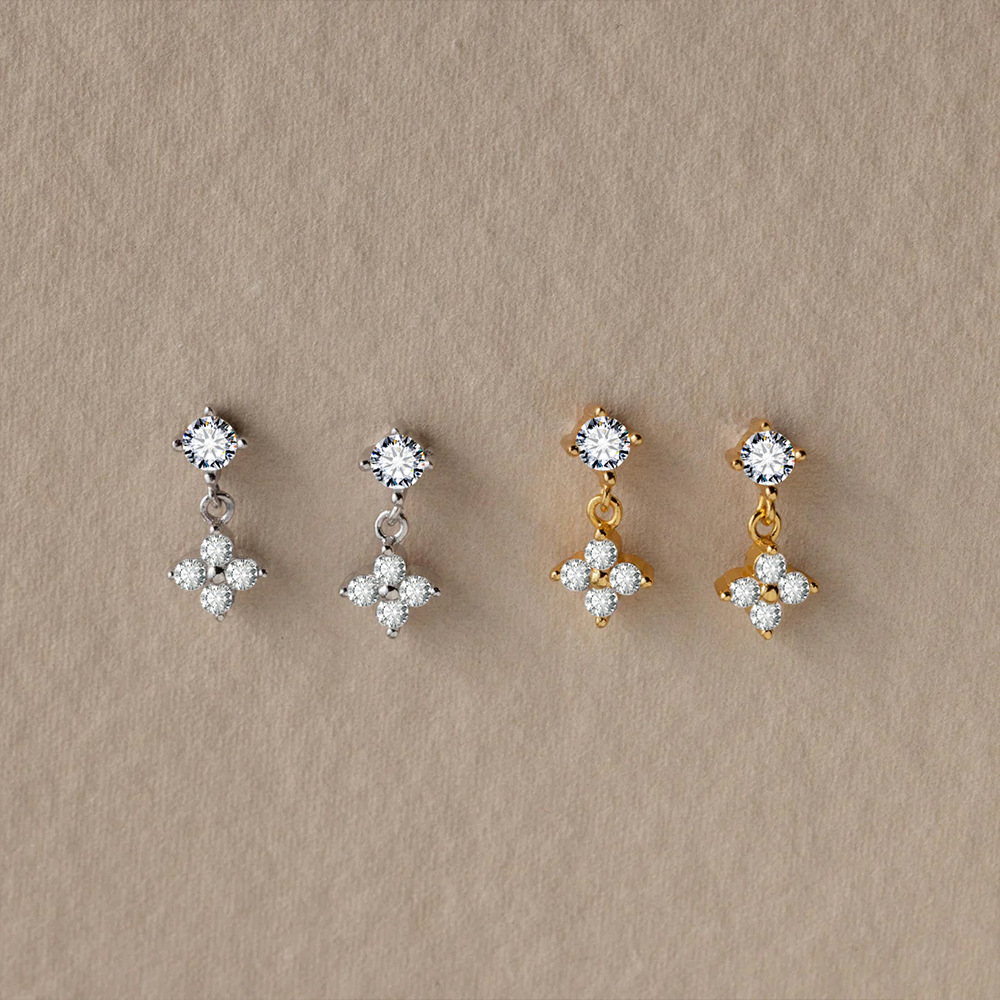eManco Zircon Four-Leaf Clover Flower Ear Studs Women's Simple Zircon Flower Pendant Daily