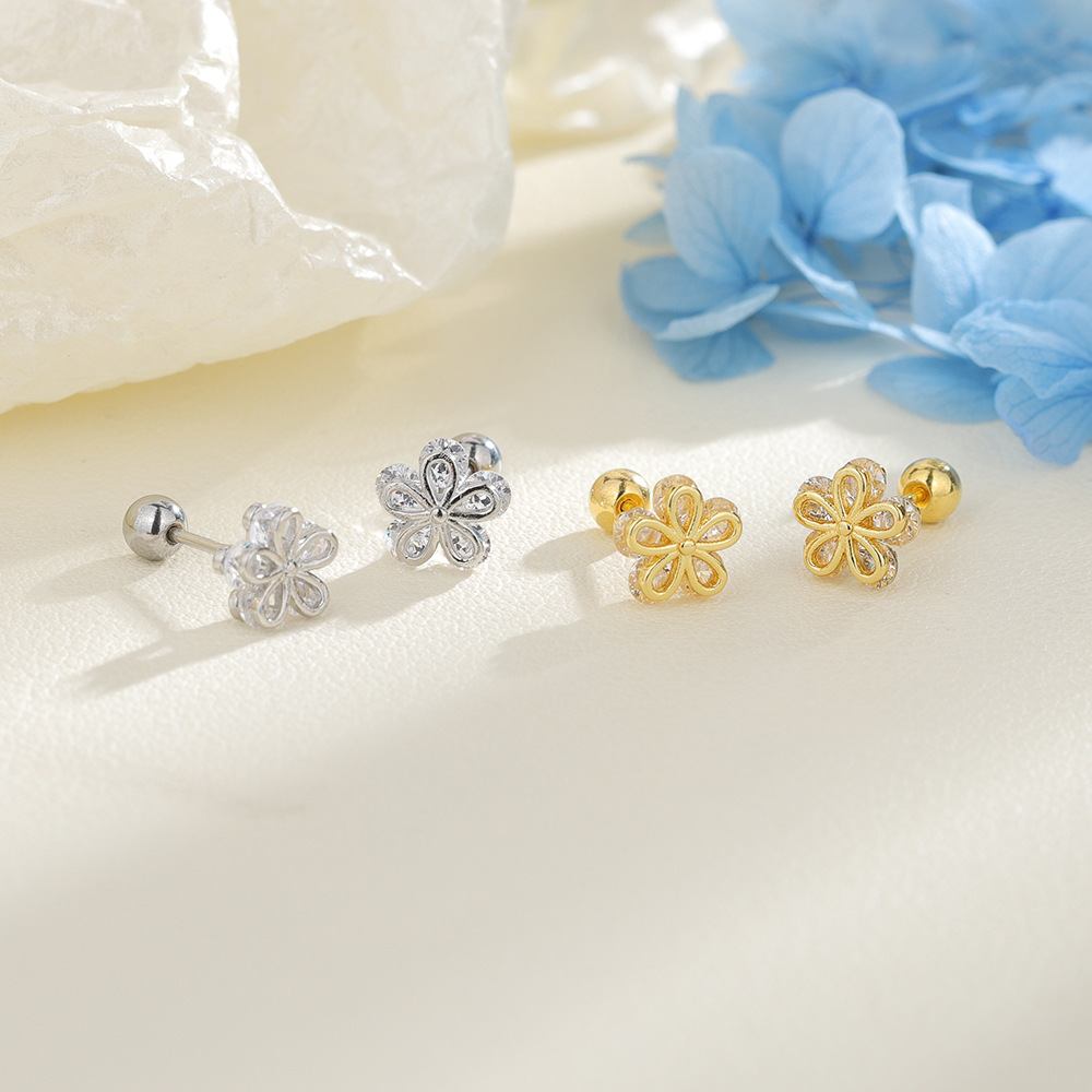 Small Flower Round Bead Sparkling Diamond Five-Petal Flower Screw Buckle Earring Hyuna Style Earring for Women