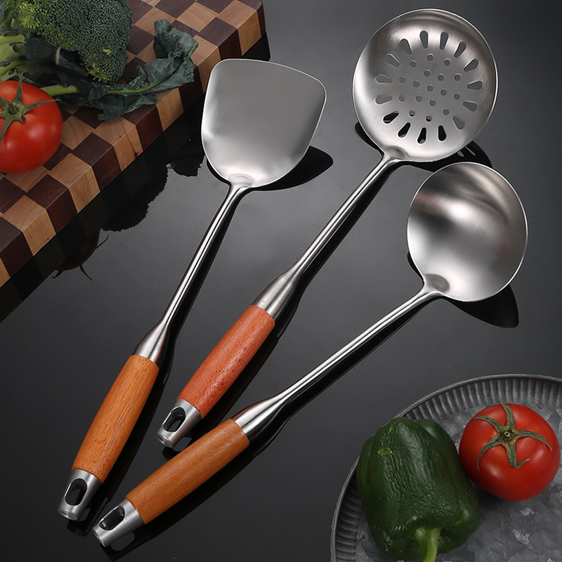 Thickened Stainless Steel Kitchen Utensils Set Wooden Handle Spatula Soup Spoon Slotted Spoon Frying Spatula Home Frying Spoon Spatula Kitchen Supplies