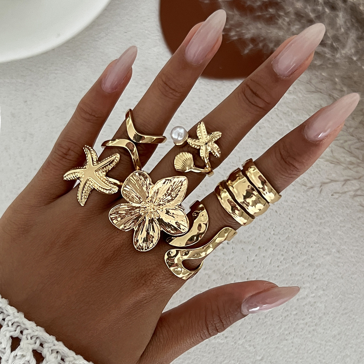 Ocean resort style conch shell ring set metal flower open ring for women