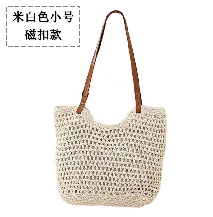 Cotton Thread Straw Bag Women's New Handwoven Large Capacity Single Shoulder Tote Bag Vacation Beach Bag