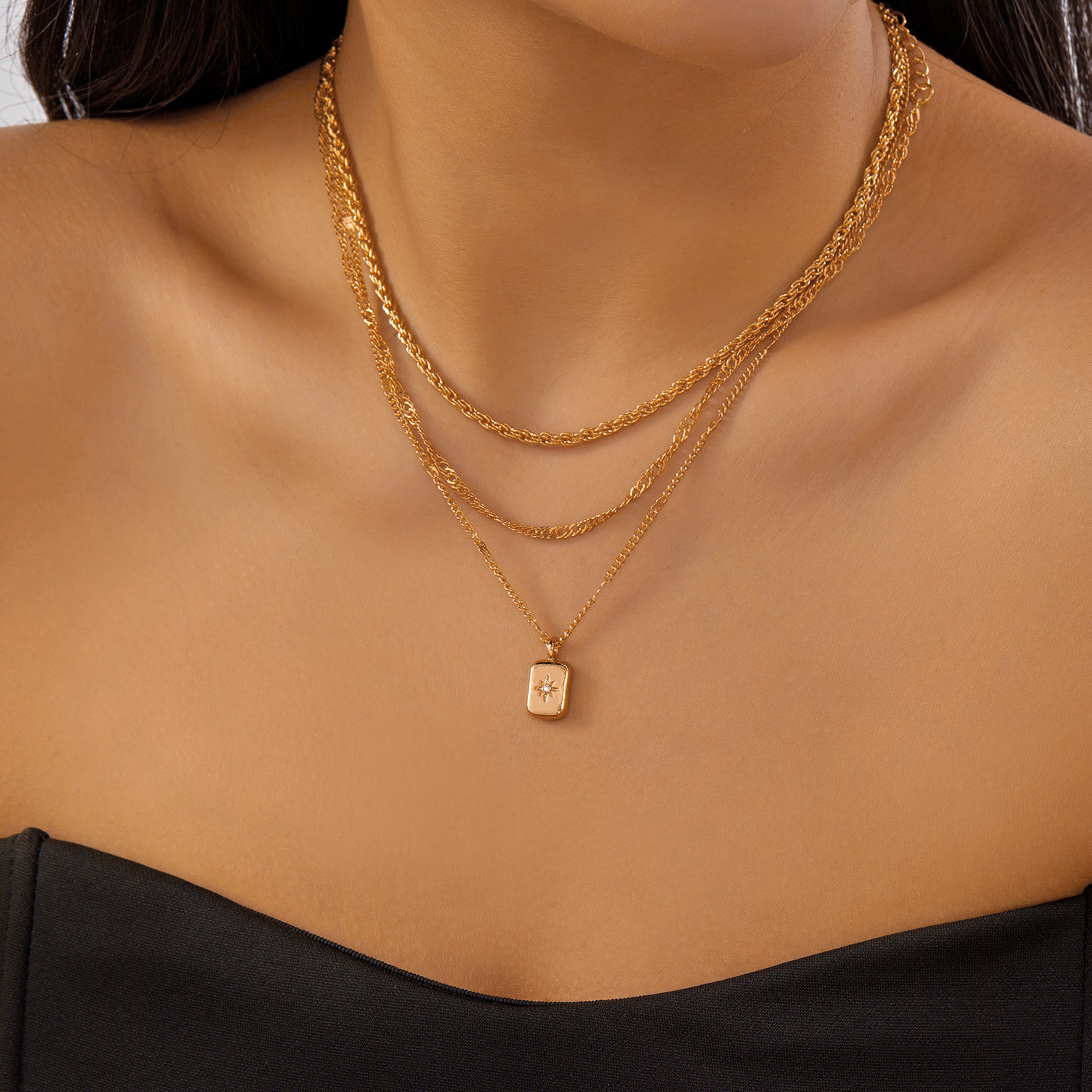 Simple Geometric Layered Necklace Gold Rhinestone Multi-layer Necklace Heart Square Plate Chain Layered 6-piece Set