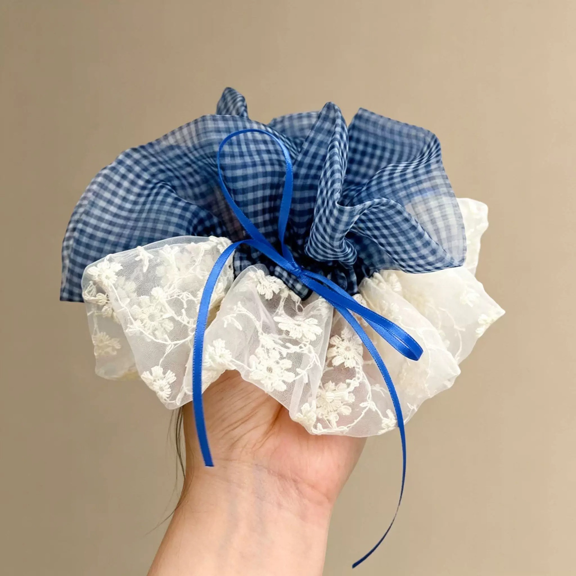 Heavy craft brown bow large hair scrunchie for women super texture ponytail bun hair tie elastic