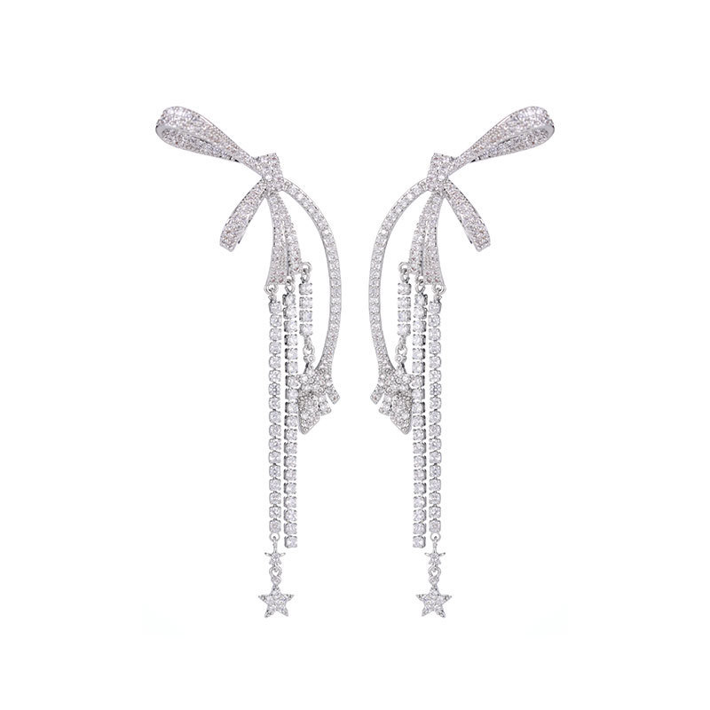 Diamond-Inlaid Bow Tassel Earrings for Women Long Earrings Exaggerated Heavy Craft Earrings