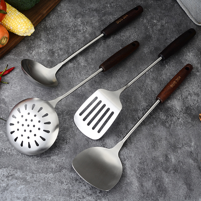 304 stainless steel cooking spatula spoon kitchen utensils anti-scald wooden handle spatula household frying spatula pan