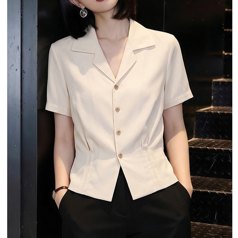 Suit Collar Waist-Nipped Short-Sleeve Shirt for Women 2026 Summer New Slimming Top