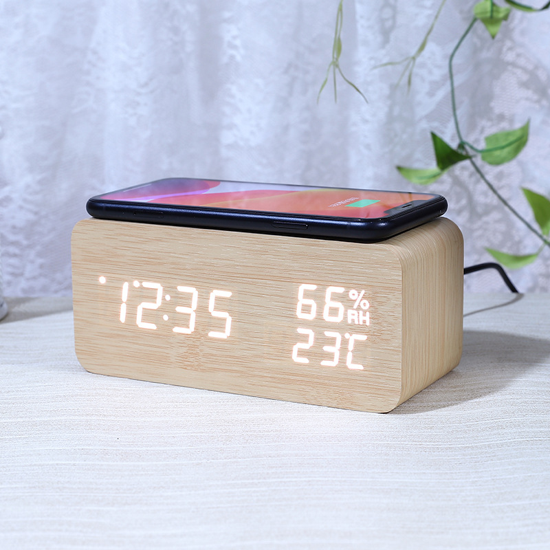 Smart Wireless Charging Clock Electronic Wooden LED Clock Digital Voice Control Clock Thermometer Alarm Clock