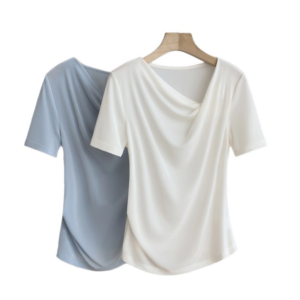 White T irregular draped collar pleated cool acetate T-shirt women summer elegant waist short-sleeve top