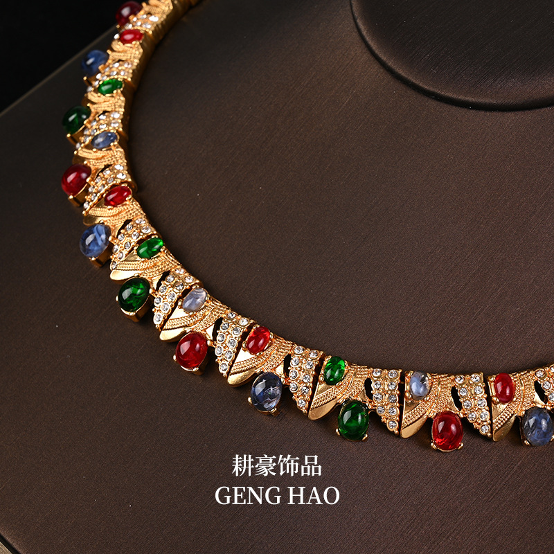 Vintage copper inlaid rhinestone necklace earring bracelet elegant cheongsam