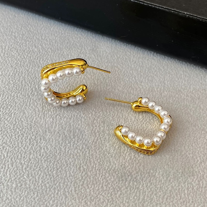 Live small fragrance style C-shaped zircon pearl earrings ear accessories full of daily ear studs women
