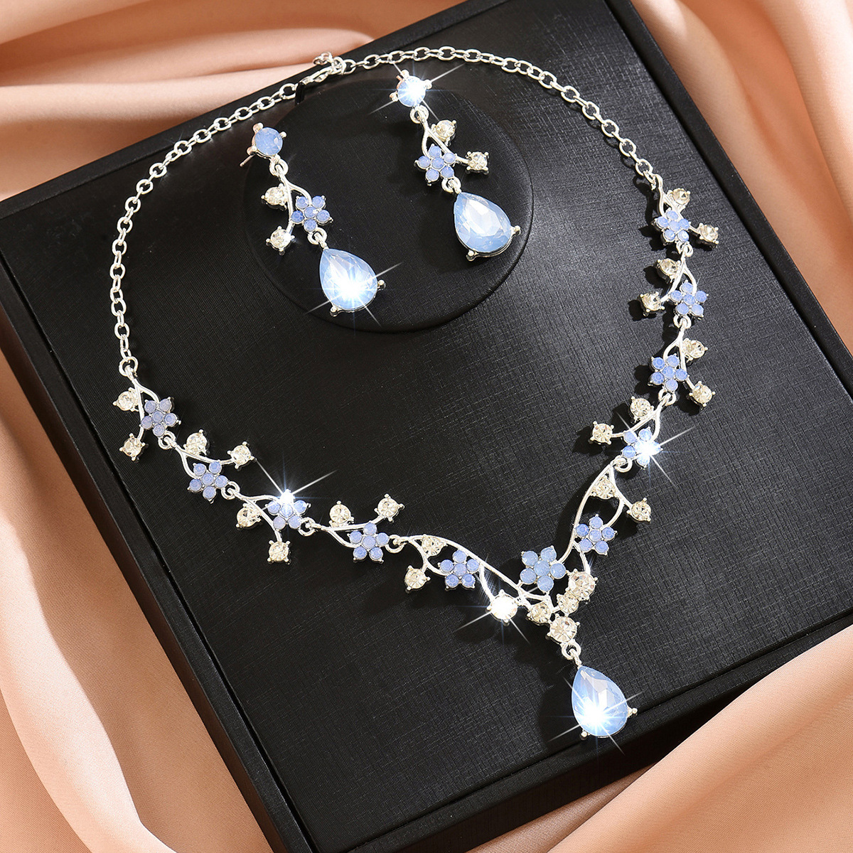Jewelry Set Colorful Flower Teardrop Pendant Necklace Earrings Two-Piece Wedding Accessories