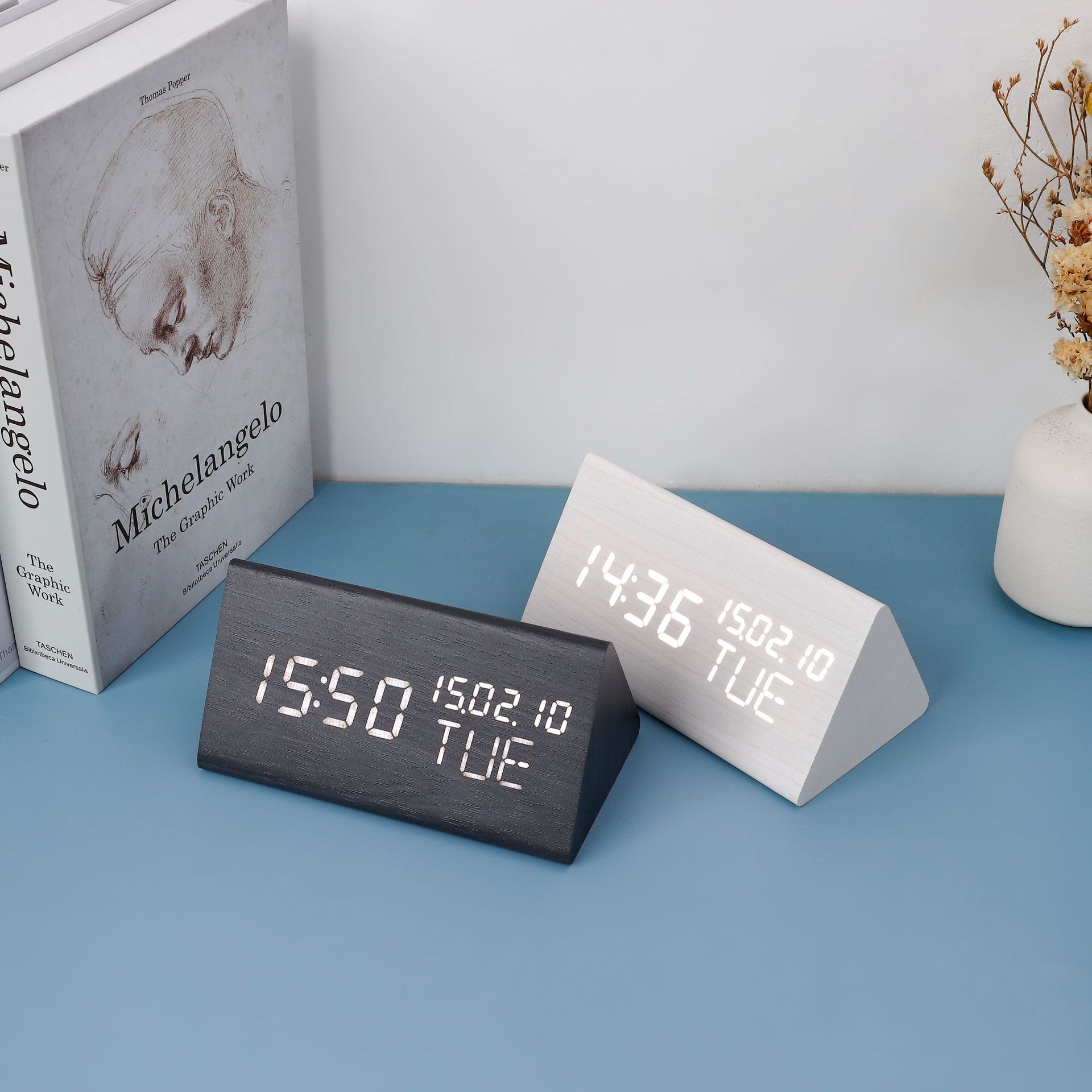 Three-display LED electronic wooden alarm clock, perpetual calendar clock bedside silent night light desk clock wooden clock