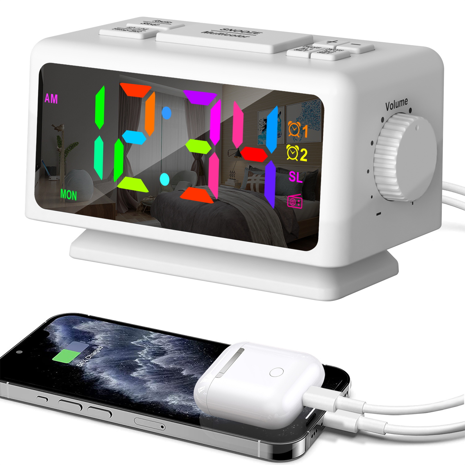 New Calendar Radio Alarm Clock RGB Colorful Mirror Large Screen Display Electronic Clock