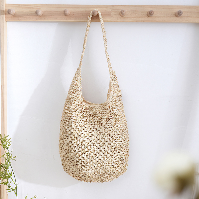Woven bag for women, summer hollow straw woven bag, woven bucket bag, large capacity beach vacation style shoulder tote bag